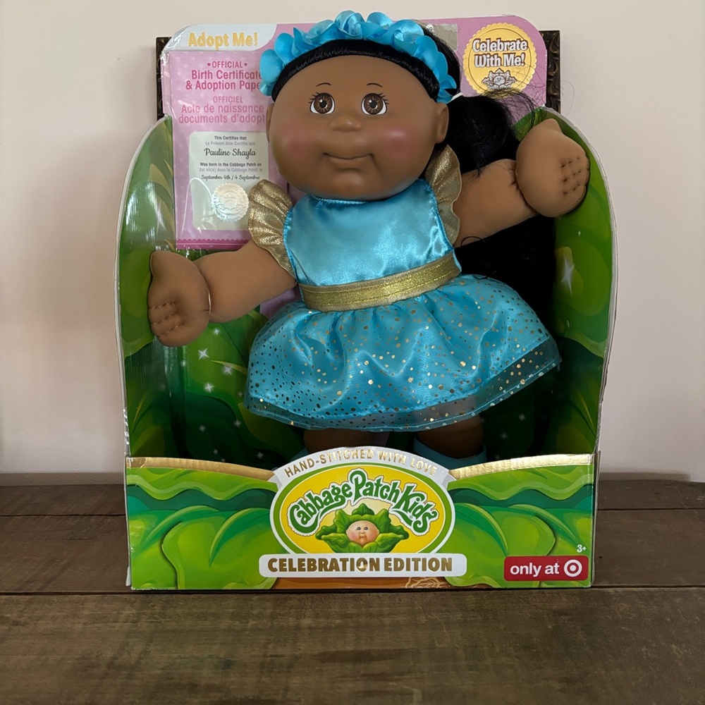 Cabbage Patch Doll Blue and Gold Doll with Satin Dress and Accessories